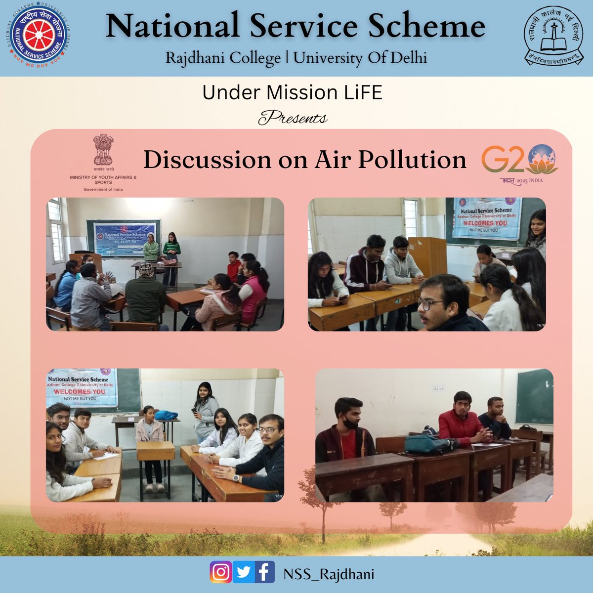 NSS_Rajdhani's tweet photo. Under the Action Plan of NSS for conducting activities on Mission LiFE during the calendar year 2023 :
 🍁On 20th of January, NSS Rajdhani organised a Group Discussion &amp; Awareness Campaign on Air Pollution. In this activity, all  volunteers gave their views on this severe topic. https://t.co/yoGN29Pme7