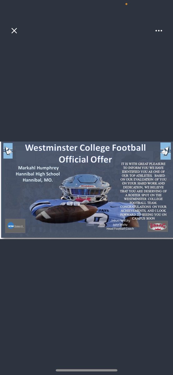 Markahl Humphrey (@markahlh) on Twitter photo Blessed to receive my 8th official offer🙏🏼🔵⚪️ <a href="/WESTMOFB/">Westminster College Football</a> @ekern2 <a href="/HannibalFootbal/">🏴☠️Hannibal Football 🏴☠️</a> @SGaines_ Blessed to receive my 8th official offer🙏🏼🔵⚪️ <a href="/WESTMOFB/">Westminster College Football</a> @ekern2 <a href="/HannibalFootbal/">🏴☠️Hannibal Football 🏴☠️</a> @SGaines_