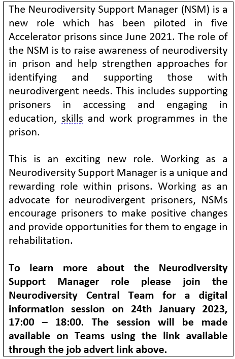HMP_Dartmoor's tweet photo. New job opportunity ’Neurodiversity Manager’ 
@HMP_Dartmoor    
Please see advert for full details.   https://t.co/xny4MWN1B6. https://t.co/391Xx6QDYO
