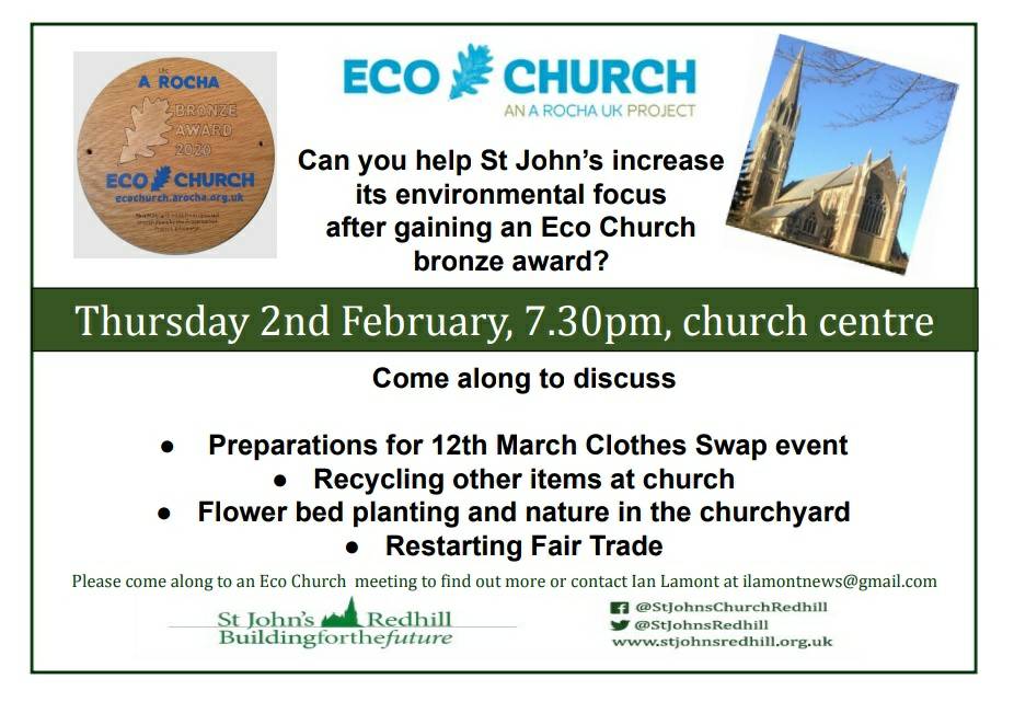 Did you know that St John's #Redhill is an #Ecochurch?

Find out more at stjohnsredhill.org.uk/eco-church or to get involved why not join us at our next EcoChurch meeting on the 2nd of February.