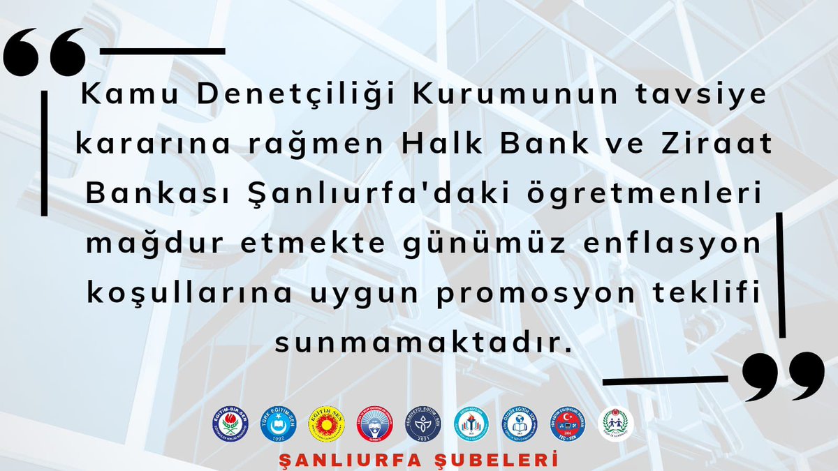 Şanlıurfa'da <a href="/TRombudsman/">Kamu Denetçiliği Kurumu (Ombudsmanlık)</a>  tavsiye kararına rağmen Halk ve Ziraat Bankaları  ögretmenleri mağdur etmekte  enflasyon koşullarına uygun promosyon teklifi sunmamaktadır.

#UrfaHalkZiraatBoykot
<a href="/ebs1sanliurfa/">EBS Şanlıurfa 1</a>
<a href="/EgitimsenUrfa/">egitimsen urfa</a>
<a href="/egitimisurfa/">Şanlıurfa Eğitim-İş</a>
@UrfaHursen
<a href="/urfaegitimgucu/">Şanlıurfa Eğitim Gücü Sen</a>
<a href="/ozguregitimurfa/">Özgür Eğitim-Sen Şanlıurfa</a>