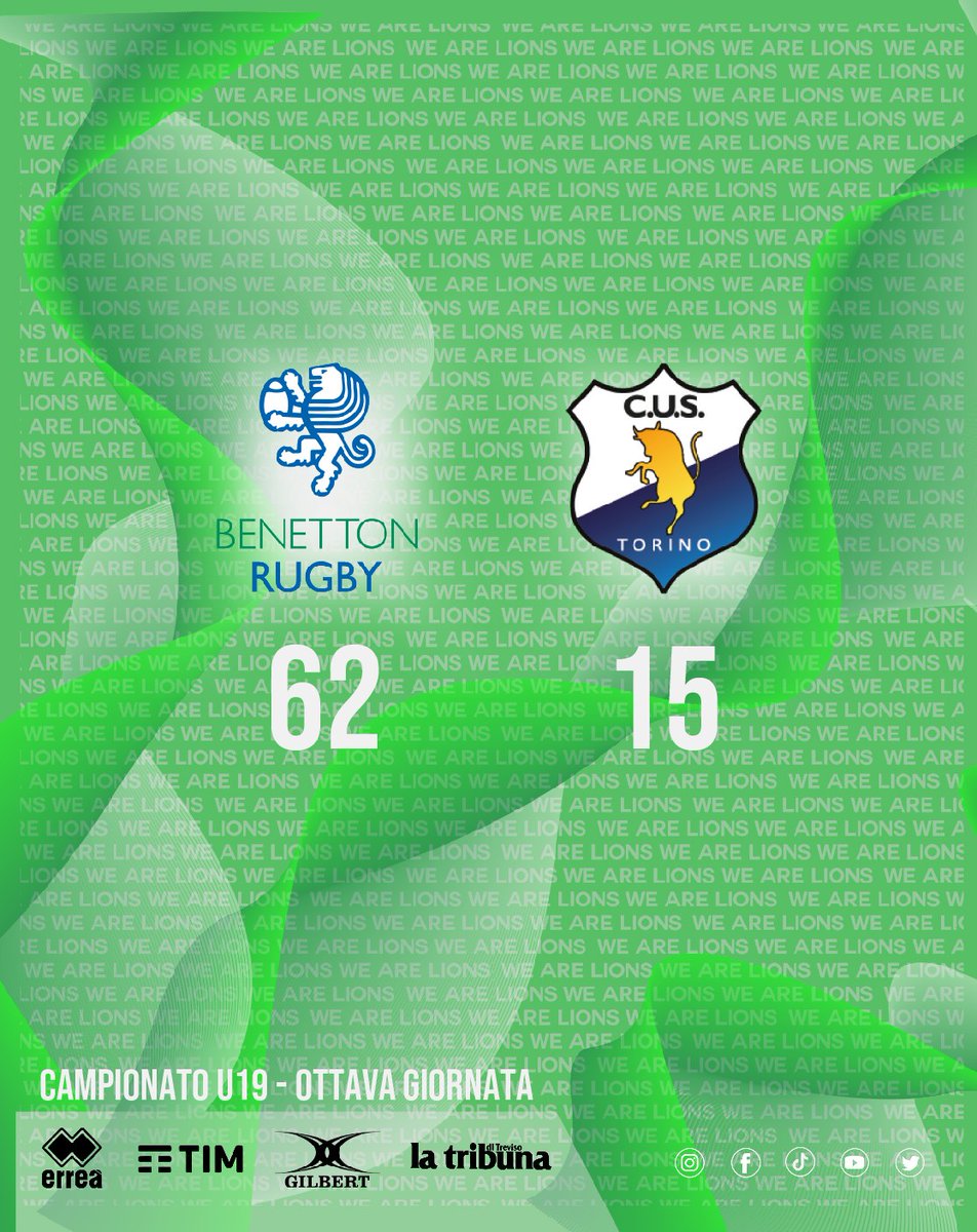 BenettonRugby's tweet photo. Complimenti al #BenettonRugby under 19 che oggi ha vinto contro #CusTorino e mantiene la vetta della classifica 💪👏

#WeAreLions #biancoverdi https://t.co/IT2fUcDANl