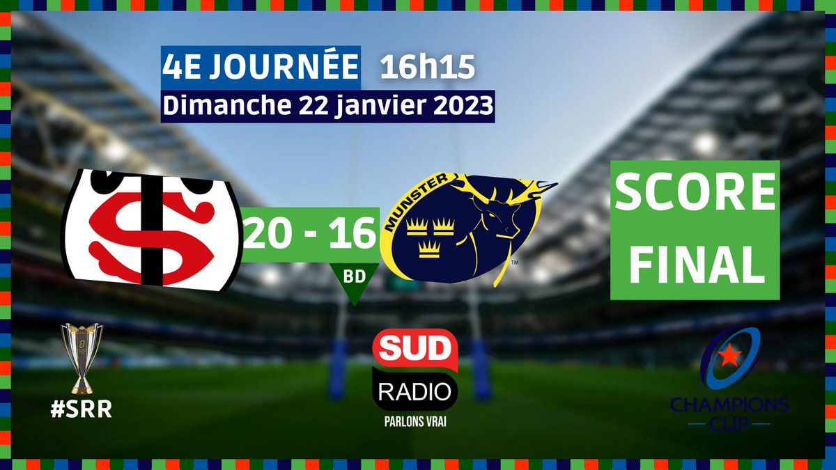 SudRadioRugby's tweet photo. 🏉#SRR - @ChampionsCup - #STvMUN
⭐️🚨Fin de rencontre au Stade #ErnestWallon
🤷♂️Le @StadeToulousain s'impose au terme d'une partie accrochée mais termine second de la Poule B
💻https://t.co/pomPa0wyqb https://t.co/xfVxoSwvFS