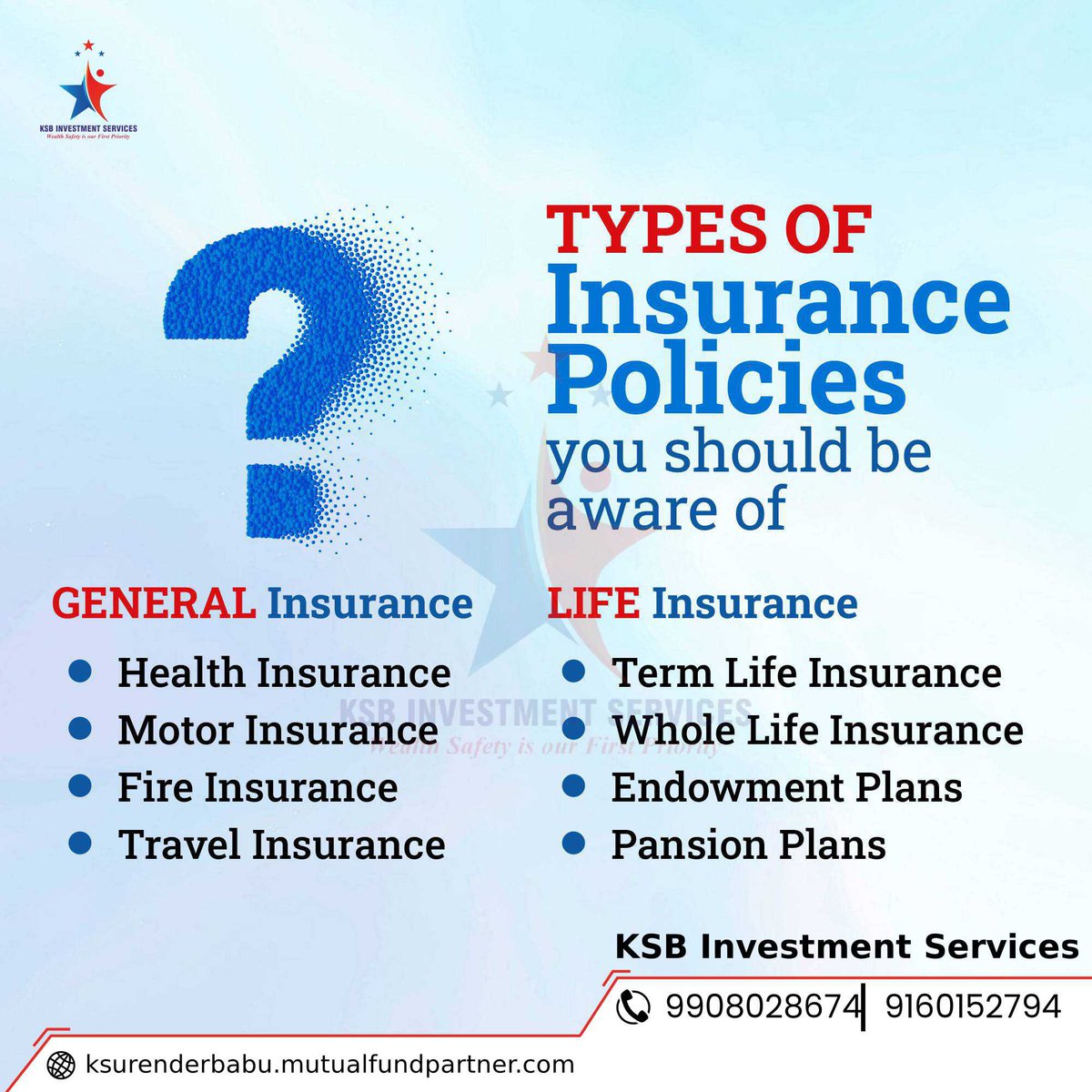 TYPES OF Insurance Policies you should be aware ?
#ksb_investment_services #best_investments_plans #surenderbabukasthuri #lifeinsurance #termlifeinsurance #moneybackguarantee #familyprotection #wholelifeinsurance #generalinsurance #healthinsurance #Hyderabad #9908028674