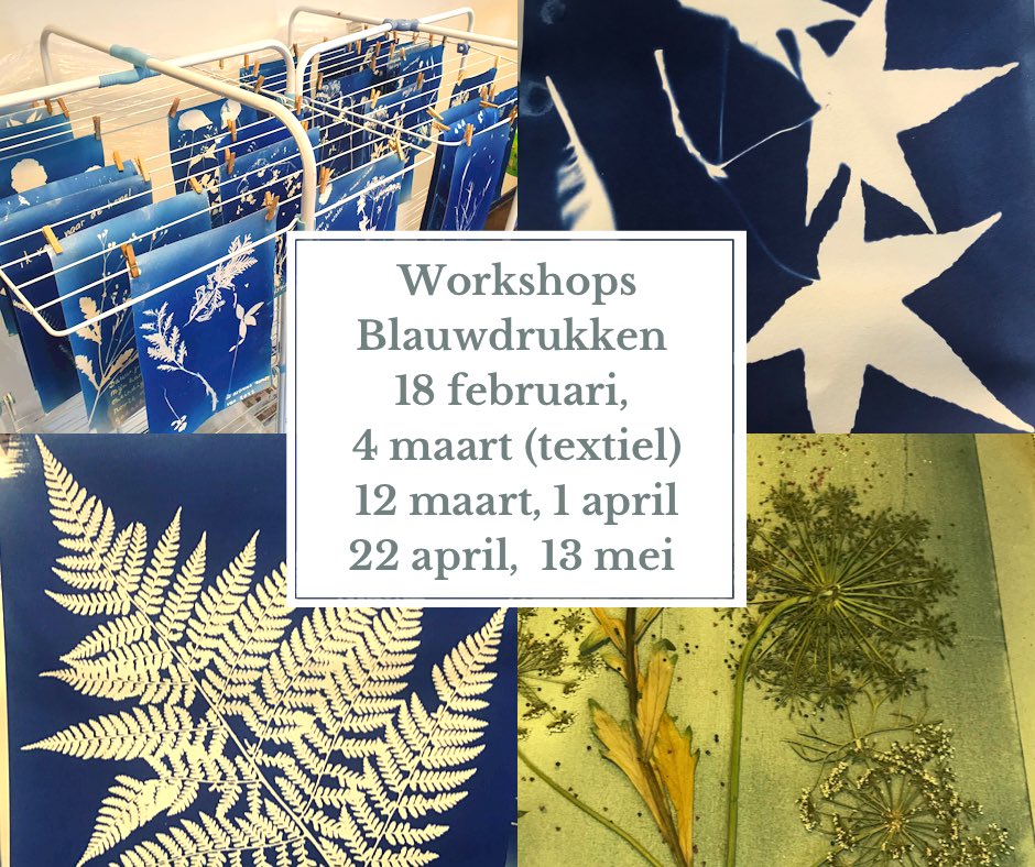 Dit zijn de data voor workshops Cyanotype blauwdrukken voor het komende halfjaar. Je bent van harte welkom op mijn atelier in Utrecht