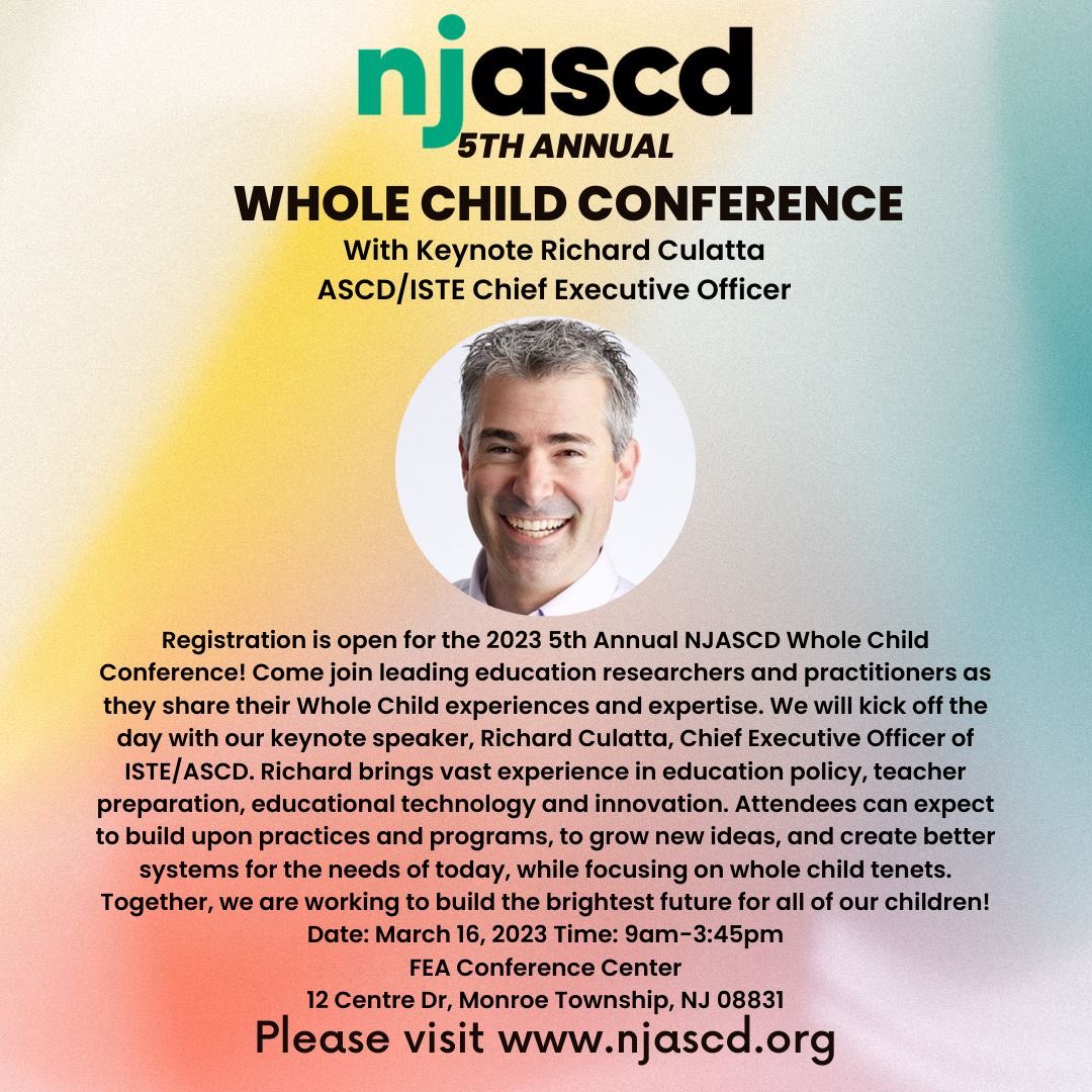Join us for the annual NJASCD #wholechild conference on March 16th for a day of learning. Register at njascd.org. Order a t-shirt for pickup at the conference in support of the whole child too! njascd2023.itemorder.com/shop/home/