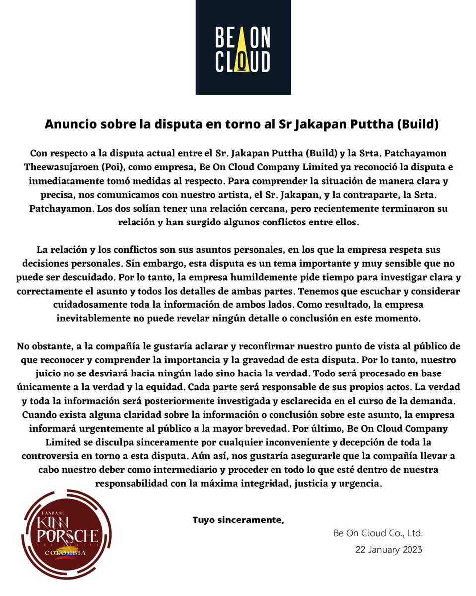 KinnporscheCol's tweet photo. 📍| Comunicado de Be On Cloud.
TRAD: "Anuncio sobre la disputa en torno al Sr. Jakapan Puttha (Build)"
#KinnPorscheColombia #KPCOL https://t.co/DPNLs9OXW6
