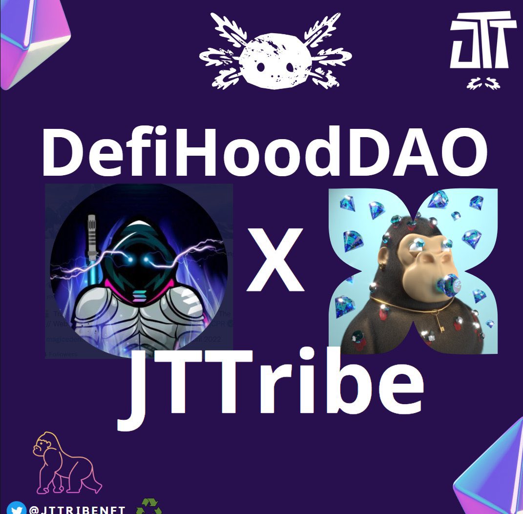 DefiHoodDAO's tweet photo. 🎁GIWEAWAY🎁

🏴PROJECT - 
@DefiHoodDAO x @JTTribeNft 

❗️PRIZES: 15 WL
🏆 (15) x WL

ENTRY:
1️⃣ Follow @DefiHoodDAO 
 and @JTTribeNft

2️⃣ RT LIKE + TAG 3 FRIENDS   💫

3️⃣ TURN ON NOTIFICATIONS  AND BE READY📌

4️⃣ Let's register here https://t.co/6IAwUX8oH7

#nfts #NFTCommuntiy https://t.co/FnA4oroTHP