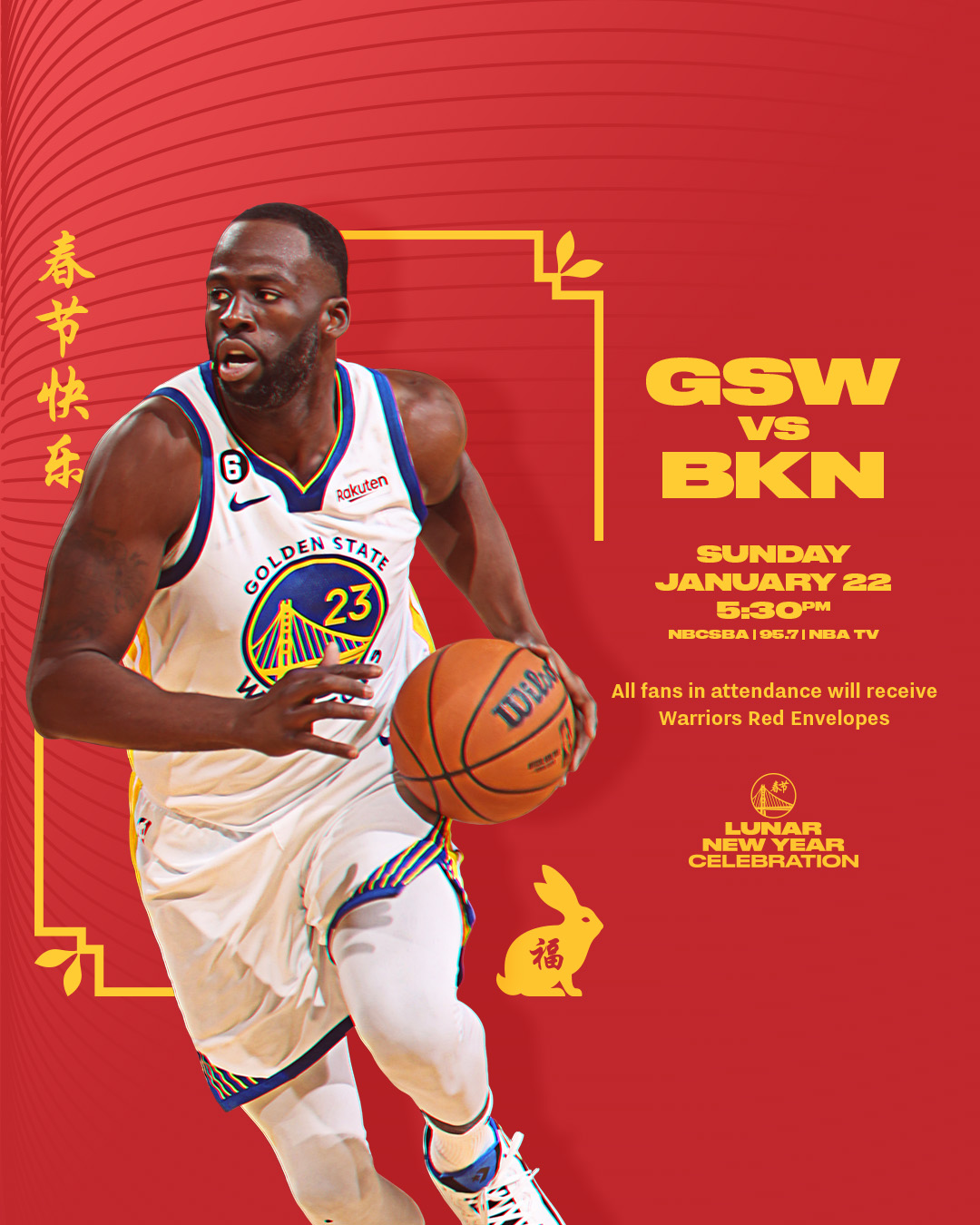 Golden State Warriors on X: It's a Lunar New Year Celebration! 🏀 GSW vs.  BKN 🕠 5:30pm PT 📺 #NBAonABC 📻 @957thegame & @ESPNRadio 📲   📝  @CacheCreekCR