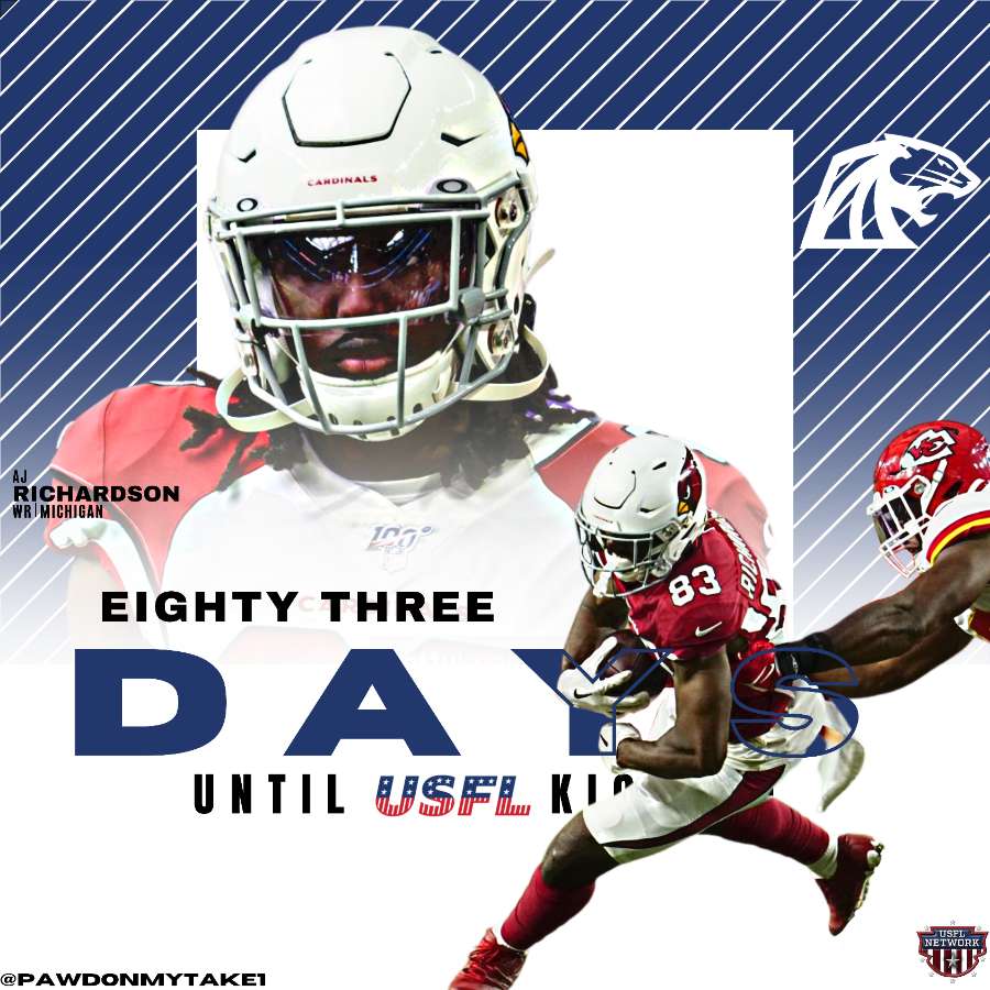 pawdonmytake1's tweet photo. Is anyone else as excited as I am to see AJ Richardson take the field as a #Michigan #Panther? This sure-handed receiver could be just what we need to keep the chains moving and keep @KKramerMU9 off the field as much as possible! It is now 83 days until #USFLSeason2 kickoff! https://t.co/pYnhQyNIfK