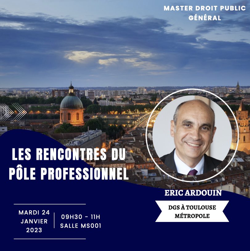 MasterDPGUT1's tweet photo. 📳 Les étudiants des masters droit public sont invités à la première rencontre du pôle professionnel! 

Nous aurons le plaisir d’accueillir Éric Ardouin, DGS à Toulouse Métropole.

Afin que cet événement soit convivial, n’hésitez pas à apporter de quoi faire un petit-déjeuner!🥐 https://t.co/X7JglrjTMu