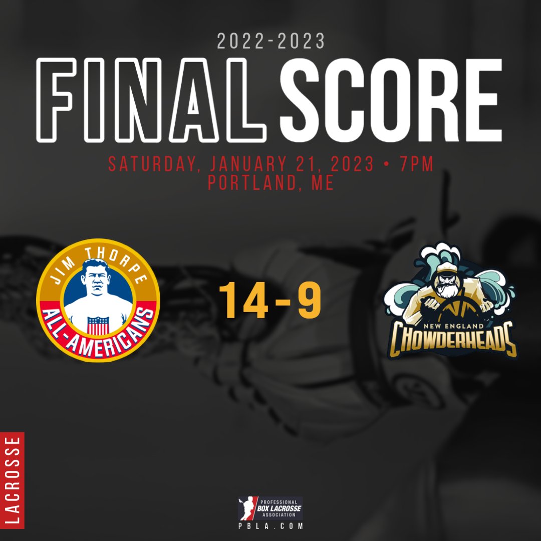 Jim Thorpe All-Americans (@pblajimthorpe) on Twitter photo The <a href="/PBLAJimThorpe/">Jim Thorpe All-Americans</a> triumph over the @pblachowderheads, 14-9 at the <a href="/CrossArena/">Cross Arena-Portland</a>!
#pbla <a href="/WatchPBLA/">Professional Box Lacrosse Association</a> The <a href="/PBLAJimThorpe/">Jim Thorpe All-Americans</a> triumph over the @pblachowderheads, 14-9 at the <a href="/CrossArena/">Cross Arena-Portland</a>!
#pbla <a href="/WatchPBLA/">Professional Box Lacrosse Association</a>