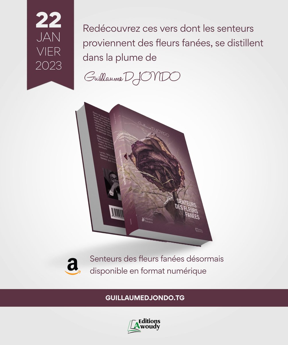 GuillaumeDjondo's tweet photo. Dorénavant, vous pouvez acheter votre recueil « senteurs des fleurs fanées » et le lire en format numérique grâce à Kindle d’Amazon.

Prix : 4,56€ / 3.000FCFA.

Lien d’achat - https://t.co/7XwubkUbY8

Bonne découverte et lecture. 💡 
GD.

#TgBooks #SenteursDesFleurs #TgTwittos https://t.co/ql2LLyzAzq
