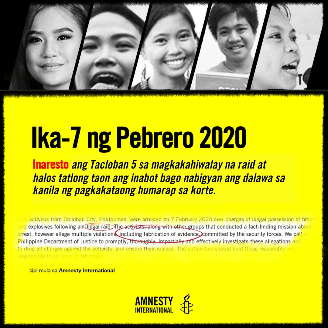amnestyph's tweet image. Nananawagan ang Amnesty International Philippines para sa ng isang mabilis at patas na pagdinig sa kaso ng Tacloban5. Samahan niyo kami sa aming panawagang #FairTrialNow! #FreeTacloban5! #ProtectTheProtest
