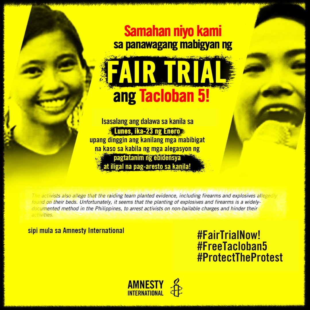 amnestyph's tweet image. Nananawagan ang Amnesty International Philippines para sa ng isang mabilis at patas na pagdinig sa kaso ng Tacloban5. Samahan niyo kami sa aming panawagang #FairTrialNow! #FreeTacloban5! #ProtectTheProtest