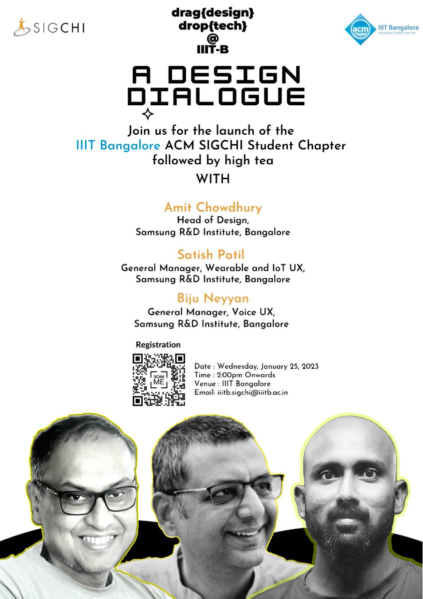 IIITB_official's tweet photo. We are excited to invite you for the launch of the @iiitbsigchi chapter &amp; the inaugural talk in the {drag} design {drop} tech series! Register for a great conversation followed by high tea for in-person attendees. 
For more updates @iiitbsigchi 
RSVP: https://t.co/A8Zl4FSshQ https://t.co/yeGD9walTT