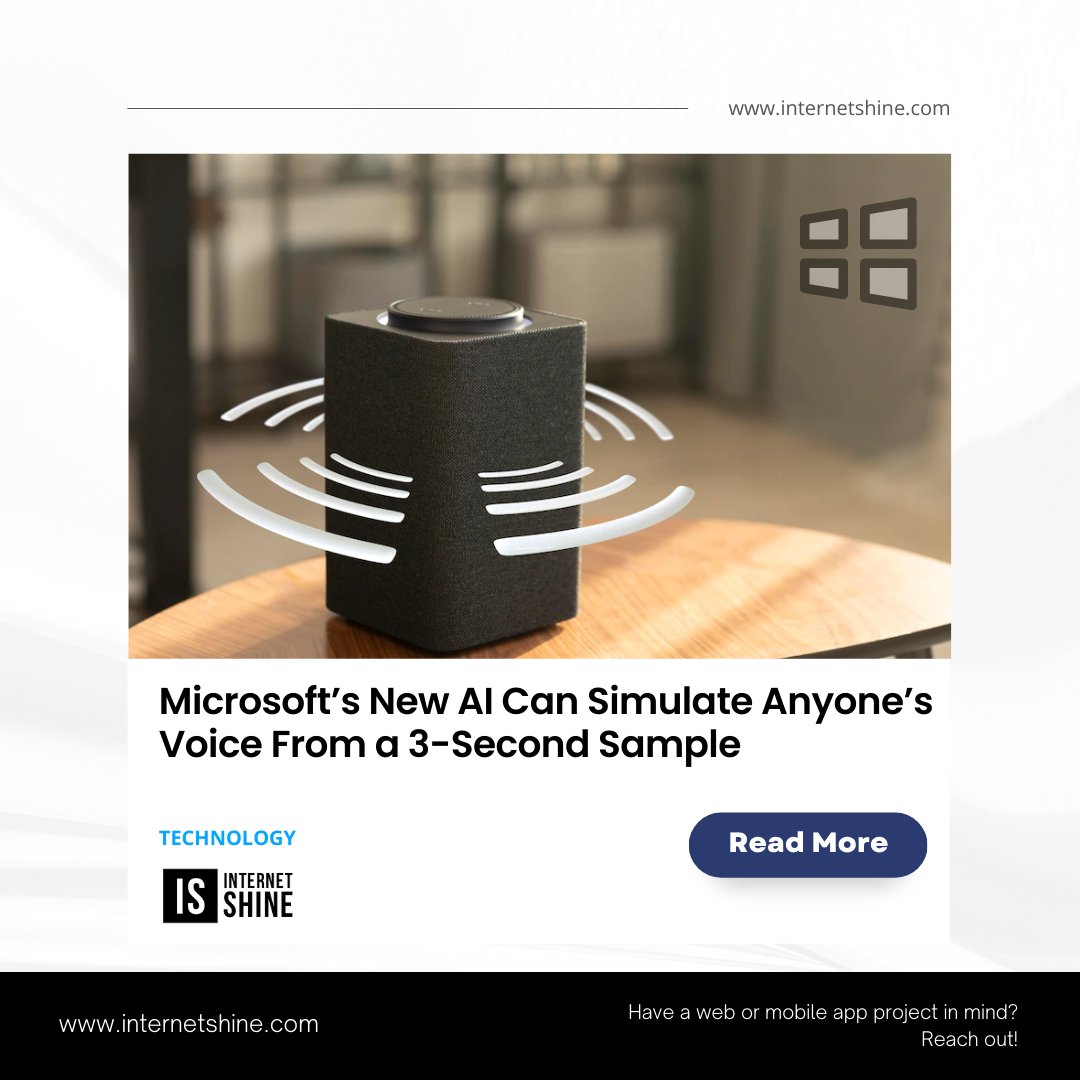 shine_internet's tweet photo. Interesting Fact about Tech!

Microsoft’s New AI Can Simulate Anyone’s Voice From a 3-Second Sample

Source: Technews World

Have a web or mobile app development project in mind? Reach out!

https://t.co/VhLsj7pNzT

Follow @InternetShine for more tech stuff! https://t.co/XAfSdGFRIZ