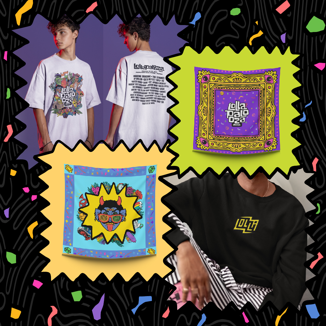 LollaIndia's tweet photo. Show off your love for #LollaIndia with our rad merch! Find these picks and more, exclusively available at the venue on the days of the festival — Don't forget to check it out! https://t.co/NVXwRD0Q8N
