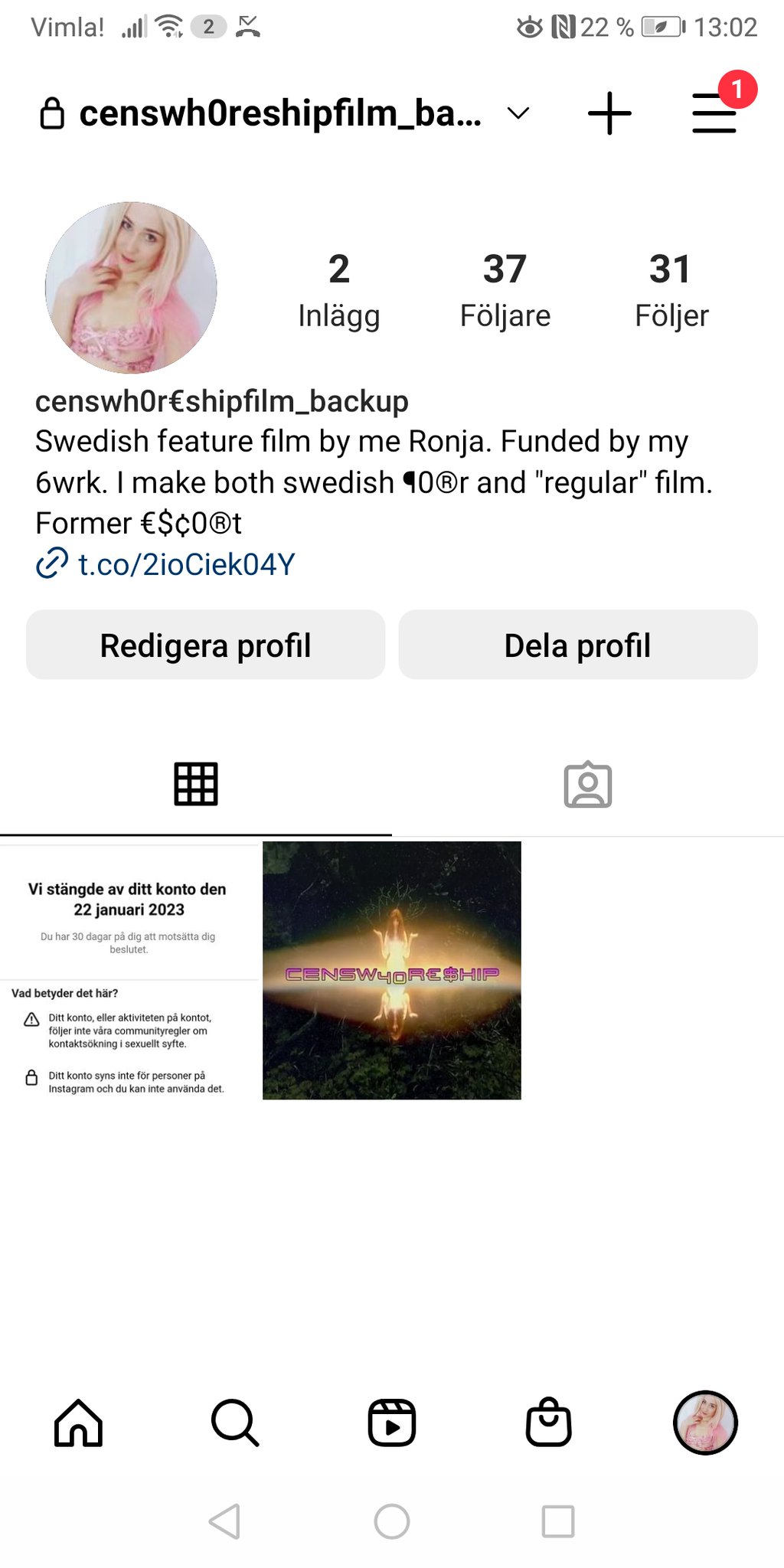 1 pic. Guu va töligt att insta stängt av mitt konto. Har överklagat men lär väl inte få tillbaka det. Har ett backup där jag kommer posta om min långfilm censwhoreship istället. I övrigt går det bra med klippandet på filmen. https://t.co/aJCS3EwA0R