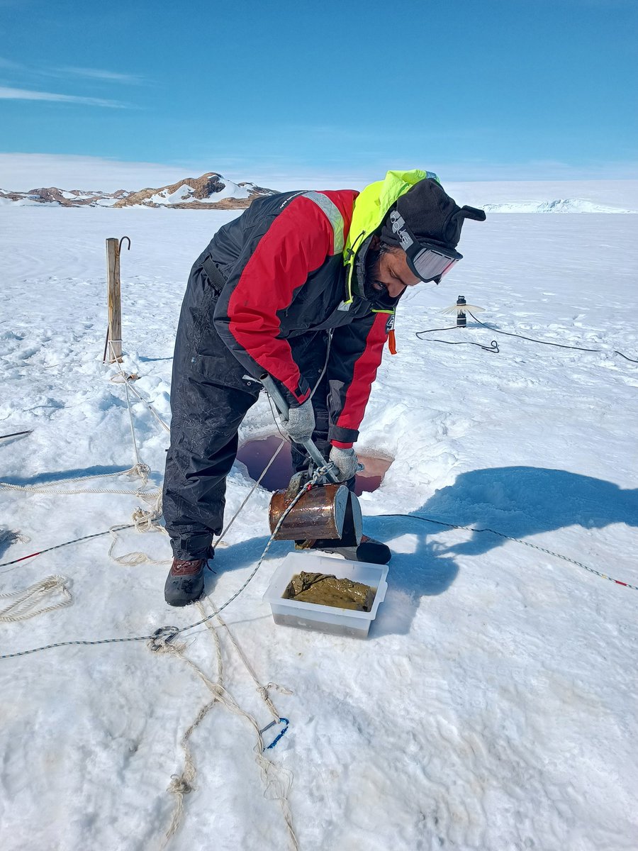 Prema P. Panda #PRAISE team member of #ISEA42 from NIO, Goa collecting sediment samples. Red color in the sea ice bore hole is the Rhodomonas sp. bloom. Photo credits V Arul, Dpt. Biotechnology, Pondychery University