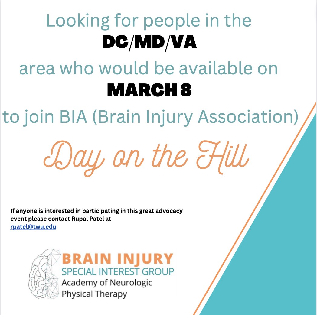 Exciting News!! 🧠
The APTA has been offered to join the BIA (Brain Injury Association) to help Congressional staffers to learn more about brain injury and legislation that would benefit lives of those with brain injury.👩‍⚖️👨‍⚖️ 
Contact Rupal Patel (rpatel@twu.edu) to make a change!
