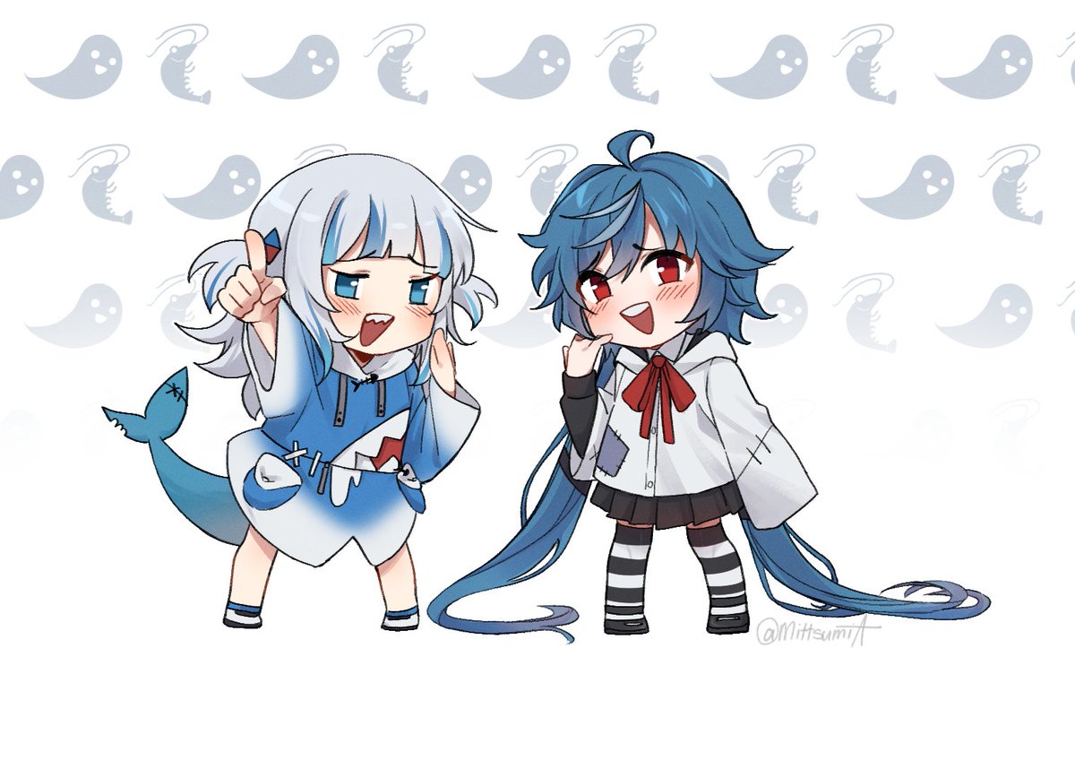 2girls bangs black skirt blue eyes blue hair blue hoodie chibi  illustration images