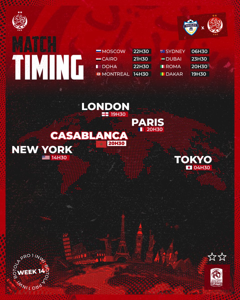 𝐌𝐚𝐭𝐜𝐡 𝐓𝐢𝐦𝐢𝐧𝐠 ⏳🕰
JS Soualem v Wydad AC ✊

#DimaWydad