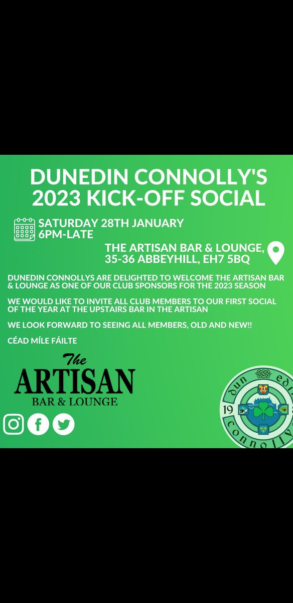 First Social of 2023 🍻 Join us this Saturday 29th January, at The Artisan Bar &amp; Lounge, London Road to kick off our social calendar for the year! We look forward to seeing you all there 🔵🟢