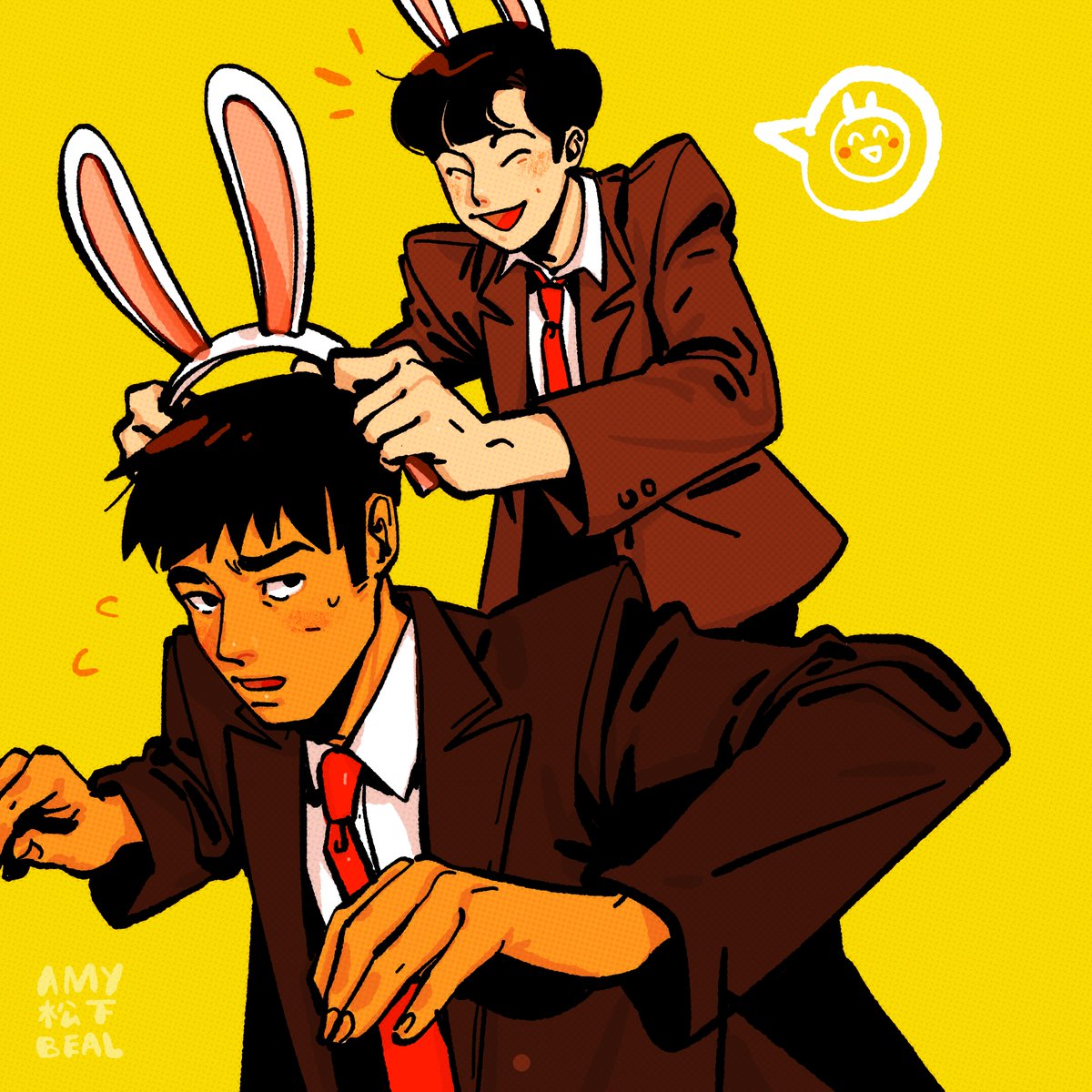 2boys multiple boys animal ears male focus rabbit ears necktie black hair  illustration images