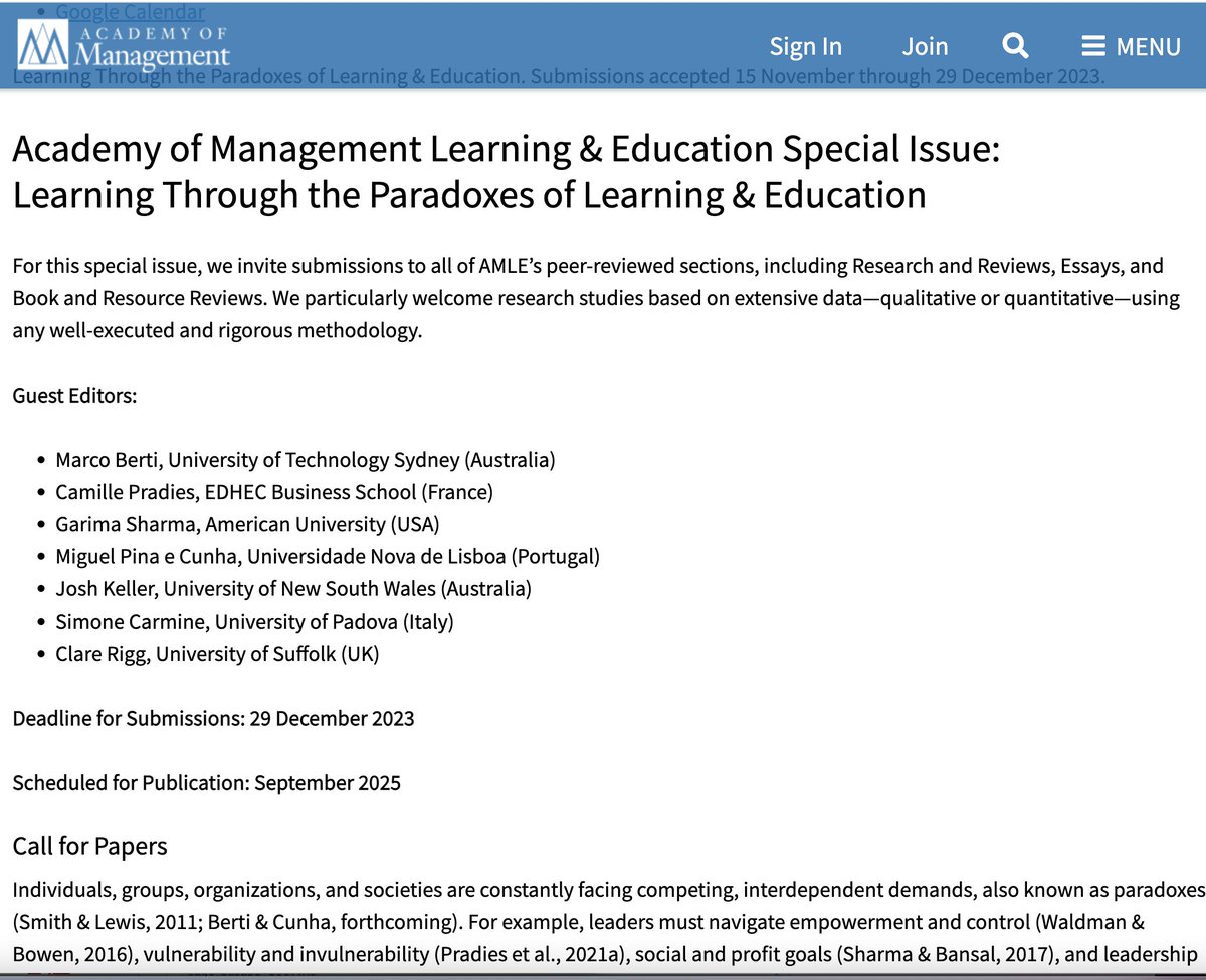 Garima Sharma (@garimasharma11) on Twitter photo Excited to guest edit this <a href="/amle_editors/">AMLE</a> Special Issue bit.ly/3iXTjB8 with @simo_carmine <a href="/camille_pradies/">Camille Pradies</a> <a href="/joshkel/">Josh Keller</a> Clare Rigg, Marco Berti & Miguel Pina e Cunha
Deadline: Dec 29, 2023
Stay tuned for workshops <a href="/AOMConnect/">Academy of Management</a> @egosnet & other conferences
<a href="/paradox_bothand/">Paradox Community</a> Excited to guest edit this <a href="/amle_editors/">AMLE</a> Special Issue bit.ly/3iXTjB8 with @simo_carmine <a href="/camille_pradies/">Camille Pradies</a> <a href="/joshkel/">Josh Keller</a> Clare Rigg, Marco Berti & Miguel Pina e Cunha
Deadline: Dec 29, 2023
Stay tuned for workshops <a href="/AOMConnect/">Academy of Management</a> @egosnet & other conferences
<a href="/paradox_bothand/">Paradox Community</a>
