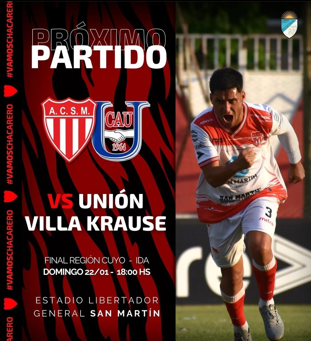 🏆 TORNEO REGIONAL FINAL REGIÓN CUYO-IDA
⚽ San Martín 🔴⚪🔴 VS Unión VK 🔵⚪🔵
🗓️ Domingo 22/1
⏱️ 18hs
🏟️ Estadio Libertador General San Martín 
#VamosChacarero