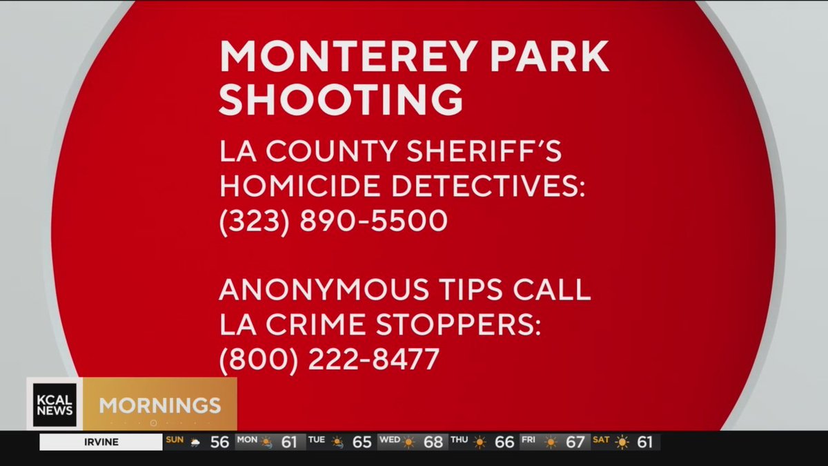 The suspect in the Monterey Park mass shooting remains at large. Witnesses or others with information are asked for call the LA County Sheriff's Homicide Detectives at the numbers below. Tips can be given anonymously.