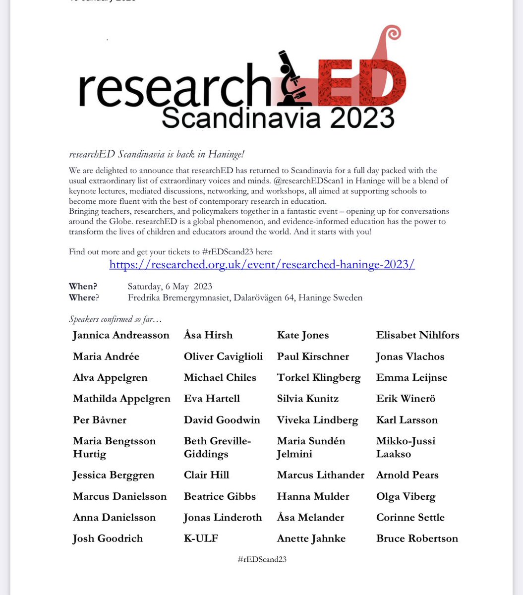 🥳😎🎶 <a href="/researchED1/">researchED</a> Scandinavia är tillbaka i Haninge den 6 maj på Fredrika Bremergymnasiet! Gaaaaaaalen talarlista! #rEDScand23 Boka biljetter asap! eventbrite.co.uk/e/researched-h…
