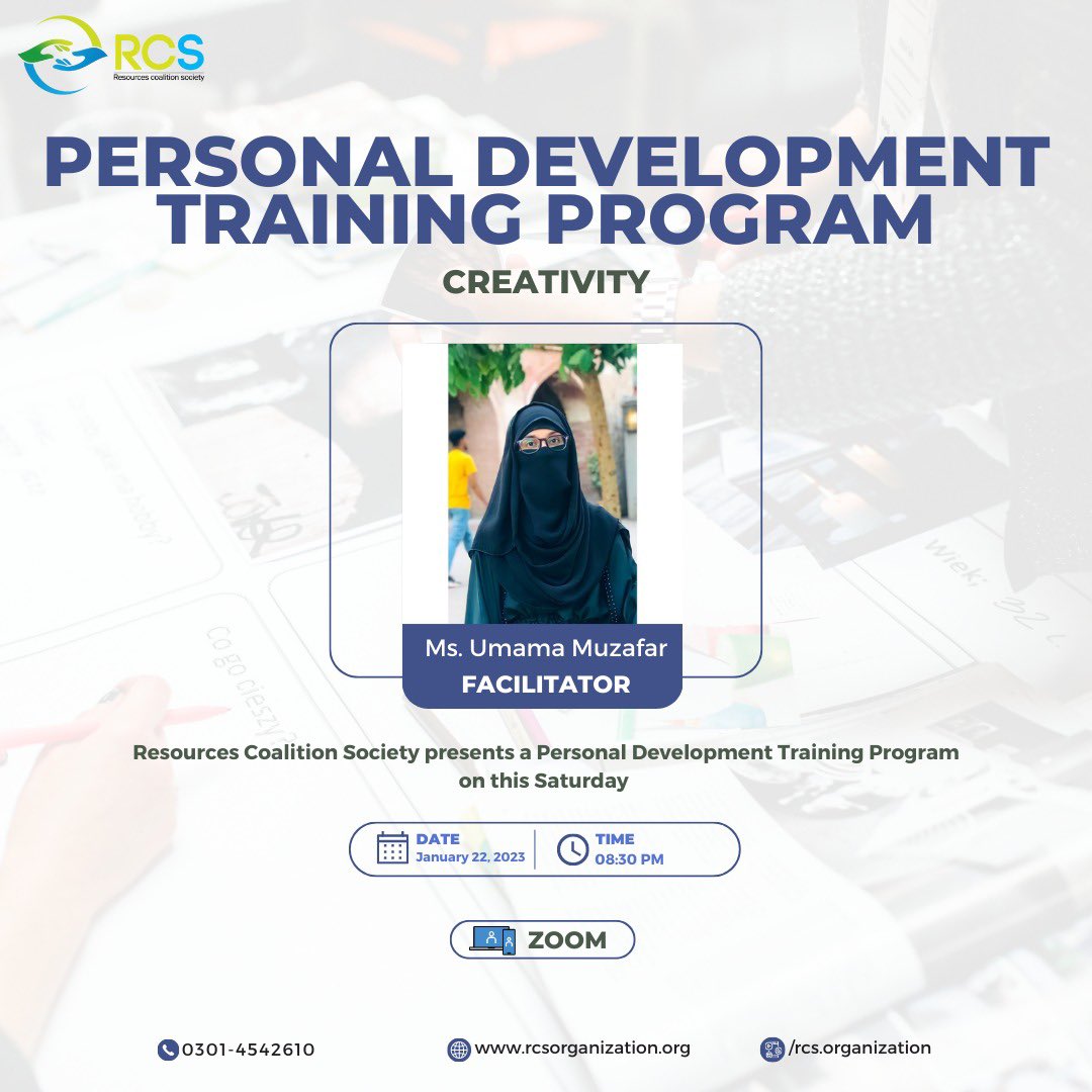 RcsOrganization's tweet photo. Resources Coalition Society cordially invites you to the Professional Development Training Program on "Creativity" with our Trainer Ms Laiba Sadaf And Facilitator Umama Muzafar on January 22, 2023.

#resourcescoalitionsociety #npo #rcs #leadership #trainer #creativity #skills https://t.co/3UCf4YpPZk