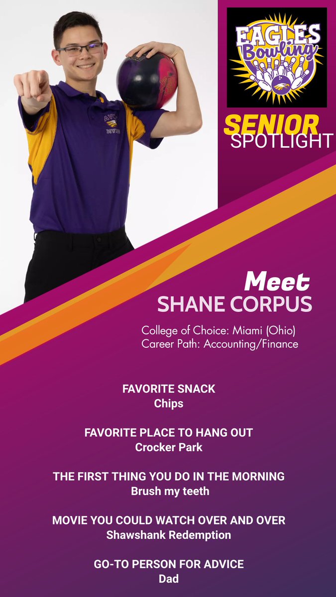 Next up in our Senior Spotlight is Shane Corpus! He’s been there with the program from the start, so let’s send some appreciate his way today!🦅🎳 
#123eagles 
#ninetogo
#gobowling