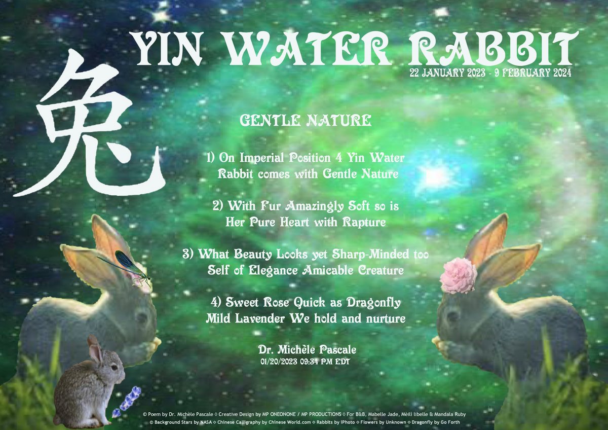 MPONEONONE's tweet photo. HAPPY CHINESE YIN WATER RABBIT NEW YEAR MY DEAR FRIENDS ♥♥♥ MP #WATER #RABBIT #YIN #CHINESE #NEWYEAR #GENTLE #NATURE #ROSE #DRAGONFLY #LAVENDER #EMPEROR #4FOUR #ANIMAL #ZODIAC #LUCK https://t.co/JFloTzP1hP https://t.co/Lc9kyHpukN
