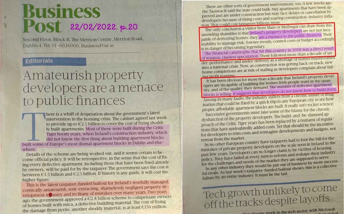Excoriating criticism of Ireland’s property developers in Business Post main editorial today;
a 🧵.