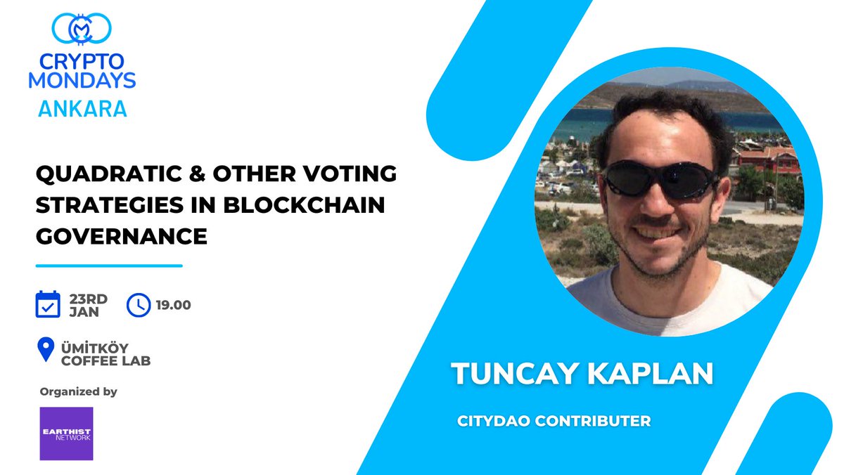This Monday for CmAnkara, we have 2 speakers
<a href="/Damilicoo/">Damla Caglayan</a>
 will talk about "Earthist Dao Gitcoin Alpha Round" and <a href="/trkaplan/">Tuncay | 👋 Bye Bye Tabs</a> will talk about "Quadratic &amp; Other Voting Strategies in Blockchain Governance"
Don't miss this Monday 🔥

📆 23.01.2023 
🕛 19.00
📍Ümitköy Coffee Lab