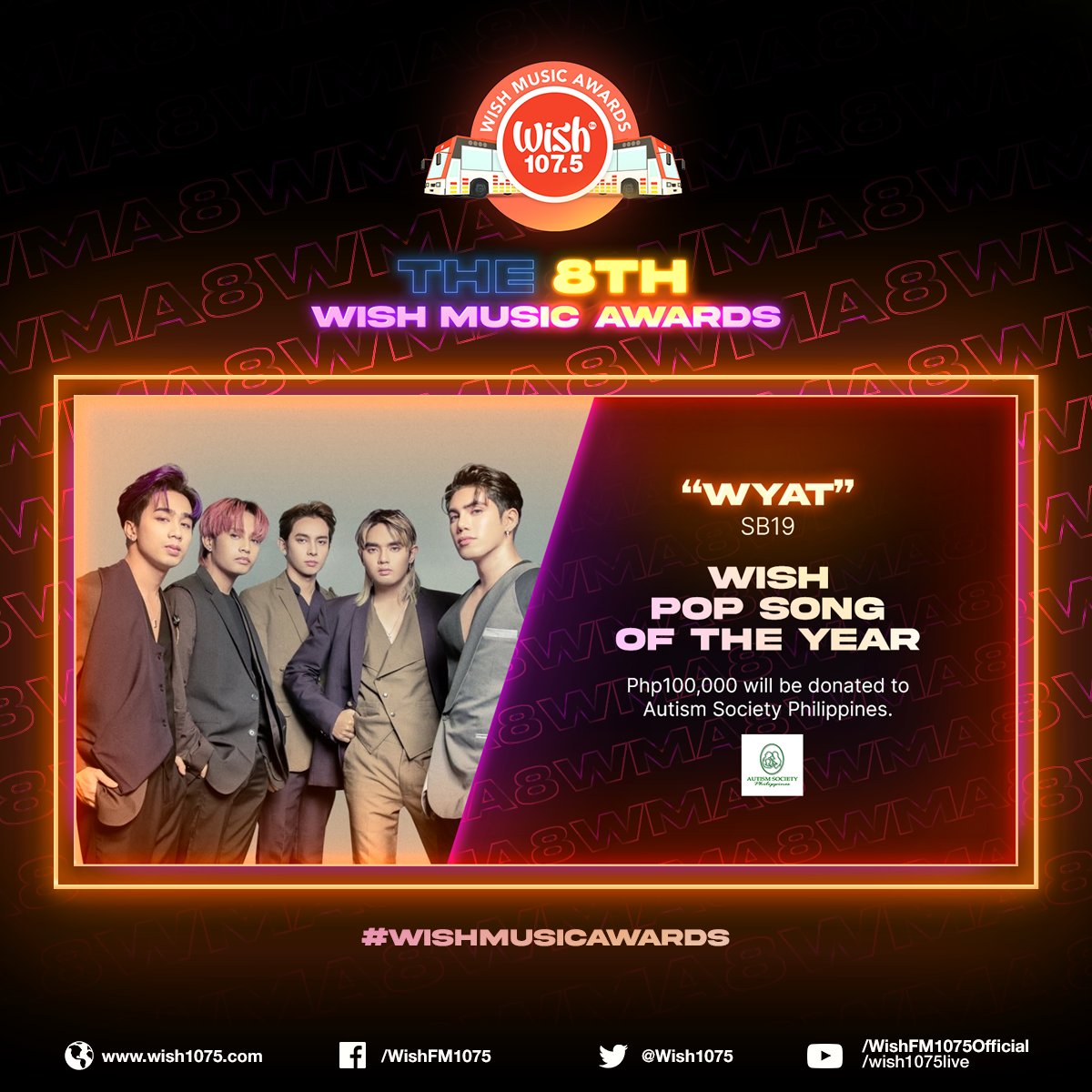 wish1075's tweet photo. Wish Pop Song of the Year: "WYAT" by @SB19Official

Php100,000 will be donated to Autism Society Philippines. They will also receive a cash prize of Php25,000.

#WishMusicAwards https://t.co/4Hm8LszKiS