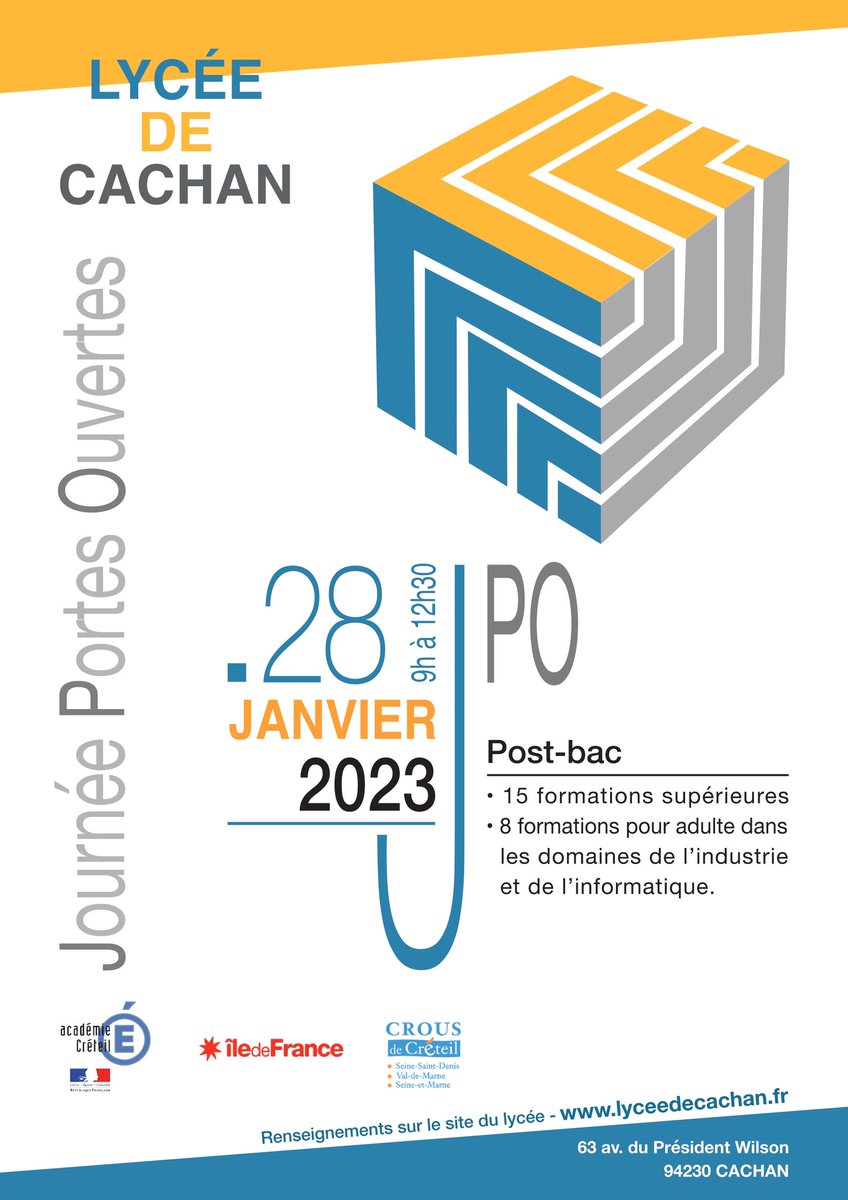 L'équipe des professeurs et nos élèves des classes de PTSI et PT* seront présents au Lycée pour vous présenter ce samedi 28 janvier nos formations et l'excellente ambiance de travail qui y règne.
On vous attend nombreux !
<a href="/LyceeDeCachan/">Lycée de Cachan</a> <a href="/AcCreteil/">Académie de Créteil</a> <a href="/acversailles/">Académie de Versailles</a> <a href="/Academie_Paris/">Académie de Paris</a>