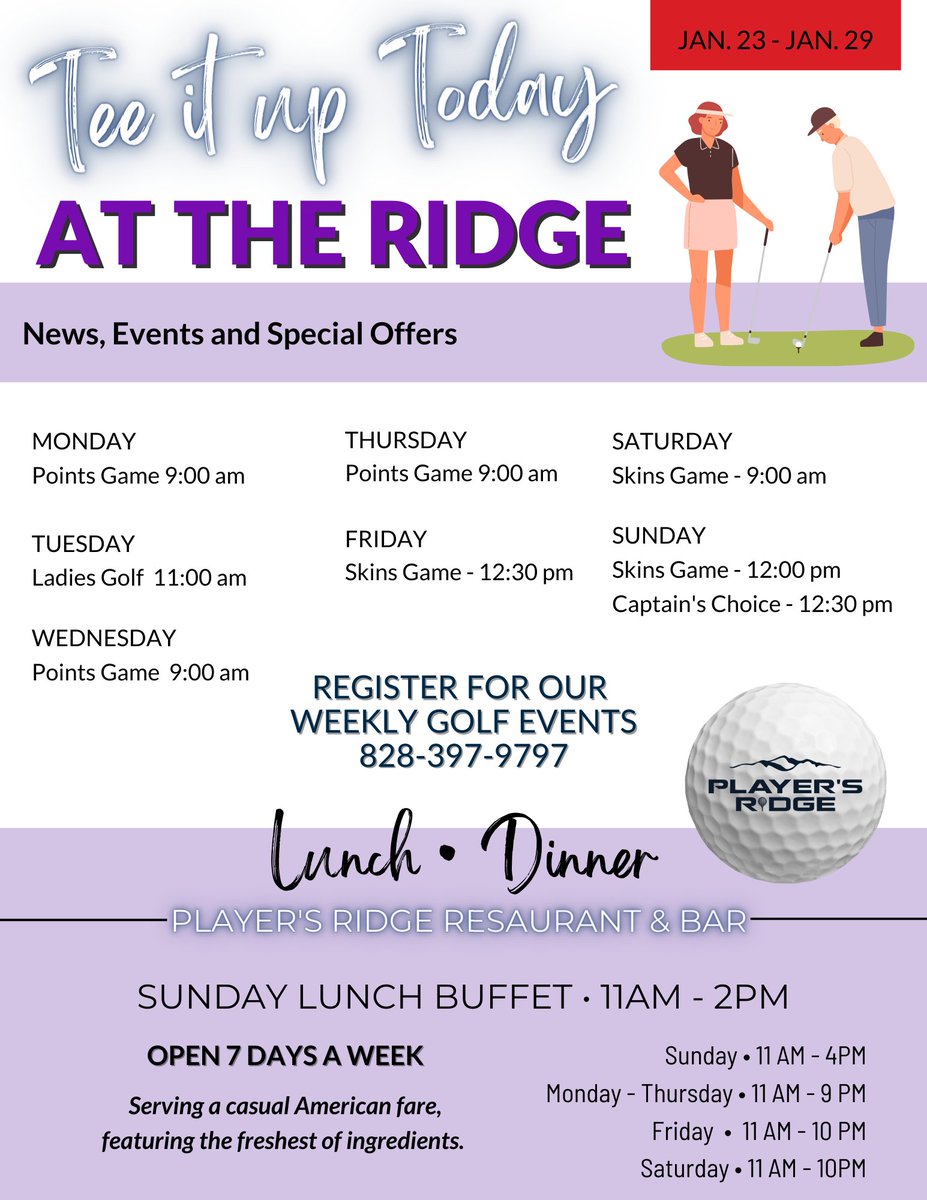 Tee it up Today AT THE RIDGE! Join us for everything going on, from our points game on Monday to a great dinner on Friday evening! Check it all out right here in the weekly newsletter! 
ow.ly/rfAb50MvAAb