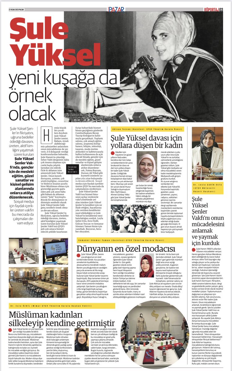 yenisafak.com/hayat/genc-sul… <a href="/sysvakfi/">Şule Yüksel Şenler Vakfı</a> nın hizmet binasının açılışı vesilesiyle vakıf yönetimde yer alan isimlere Şule Yüksel Şenler’in hayatlarına yön verirken kendilerini nasıl etkilediğini sorduk. <a href="/leylasahinusta/">Dr. Leyla Şahin Usta 🇹🇷</a> Esra Özdil <a href="/gulcantezcan/">Gülcan Tezcan</a> ve <a href="/SemanurSonmez/">Semanur SÖNMEZ YAMAN</a> bizim için yanıtladı.