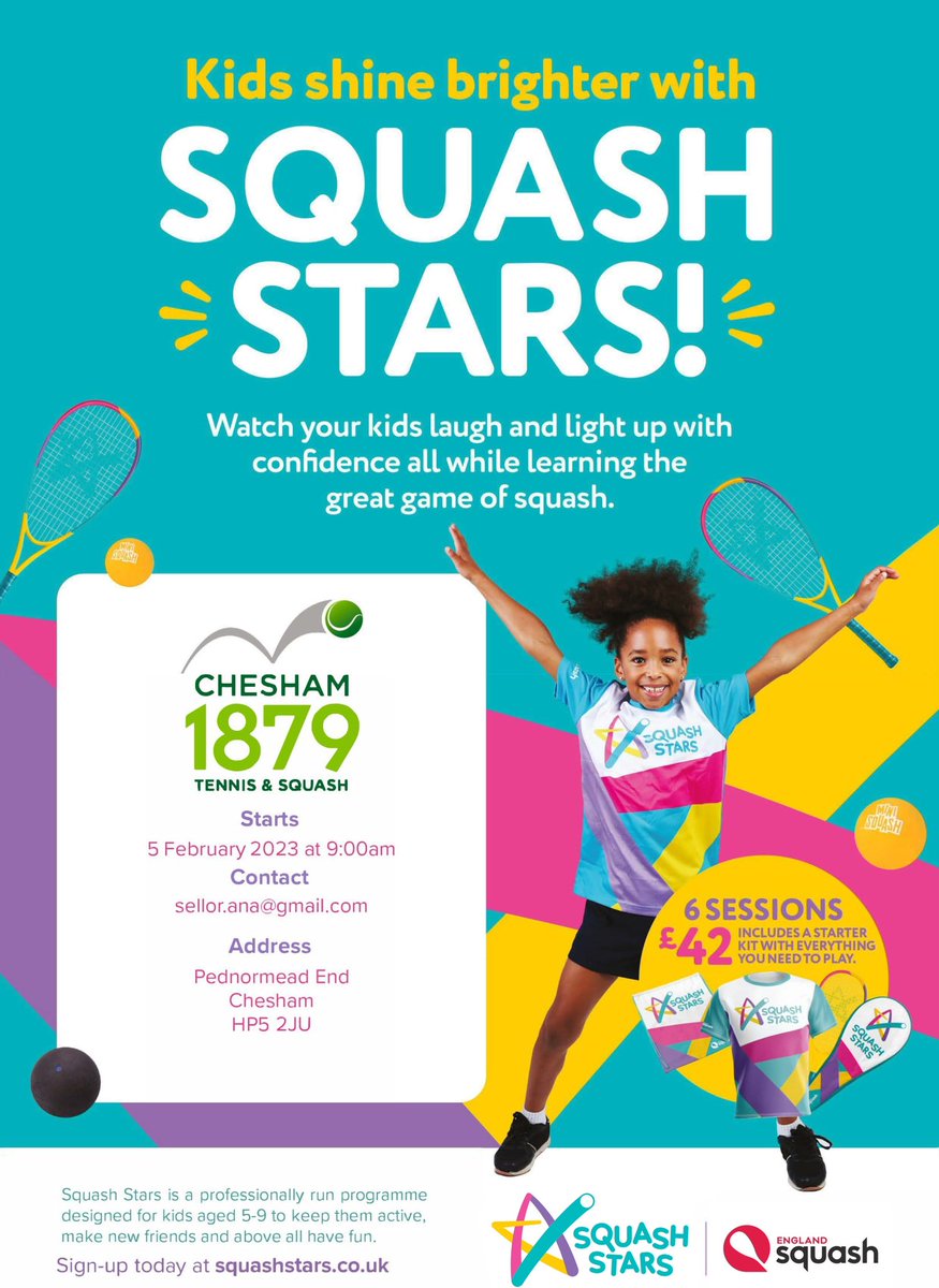 New session for Young players! Lots of fun , you get a new racket , goggles , t-shirt , 6 sessions and little me for only £42 @Chesham1879 @cheshamtown @CheshamCouncil @englandsquash @BucksSquash