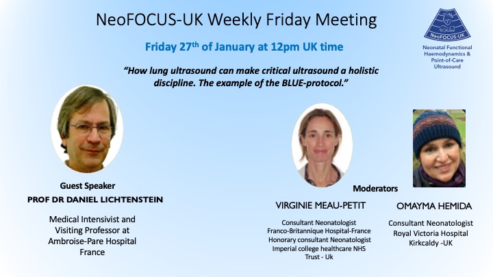 Join us on Friday 27th of January at 12 pm UK time.
Dr Lichtenstein will be our geust speaker to talk about lung ultrasound. 

Registration link below:
Register in advance for this meeting:
us02web.zoom.us/meeting/regist… 

#NeoPOCUS #POCUS #LungUltrasound