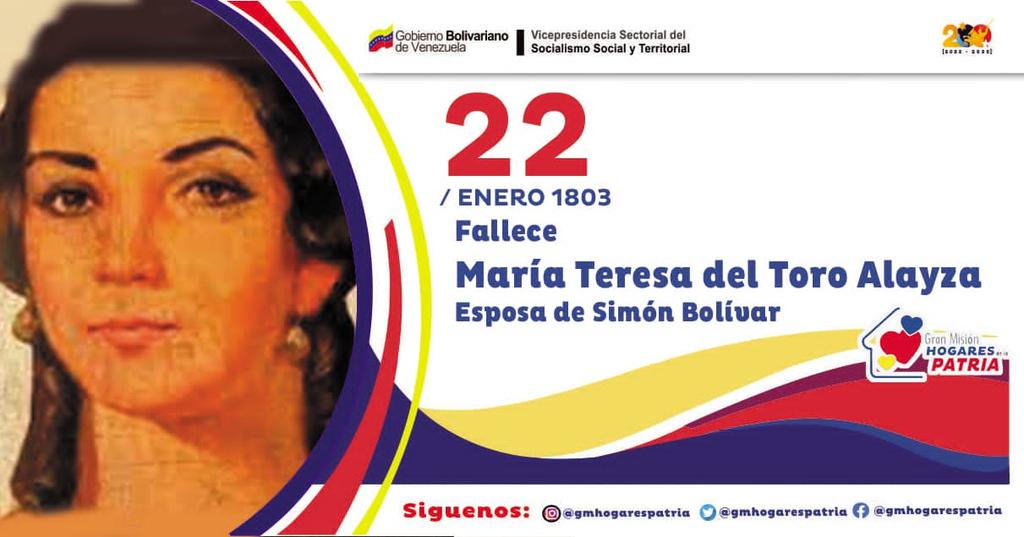 gmhogarespatria's tweet photo. #22Ene| Fallece María Teresa Josefa Antonia Joaquina Rodríguez del Toro Alayza, fue esposa de Simón Bolívar. Tras solo dos años de noviazgo y ocho meses de matrimonio murió de fiebre amarilla a los 19 años. Bolívar juró y cumplió la promesa de no volver a casarse. https://t.co/TU4YCvgw6z