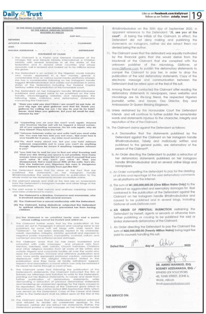 EphesisL's tweet photo. We've received media enquiries on our client's response to the torrents of defamatory remarks made by the  Nollywood actress, Halima Abubakar, against our client, @APOSTLESULEMAN.
We wish to state the following on behalf of our client: 
1. Our client has a N1b DEFAMATION suit https://t.co/mxkH7bNDzi