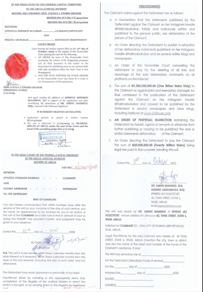 EphesisL's tweet photo. We've received media enquiries on our client's response to the torrents of defamatory remarks made by the  Nollywood actress, Halima Abubakar, against our client, @APOSTLESULEMAN.
We wish to state the following on behalf of our client: 
1. Our client has a N1b DEFAMATION suit https://t.co/mxkH7bNDzi