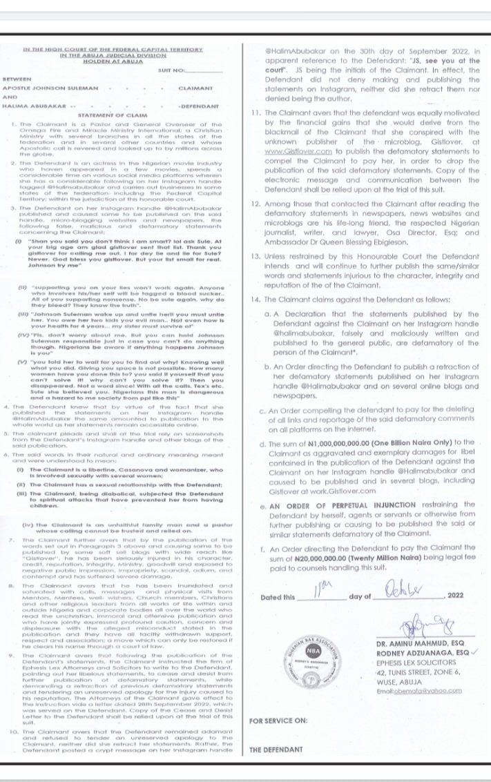 EphesisL's tweet photo. We've received media enquiries on our client's response to the torrents of defamatory remarks made by the  Nollywood actress, Halima Abubakar, against our client, @APOSTLESULEMAN.
We wish to state the following on behalf of our client: 
1. Our client has a N1b DEFAMATION suit https://t.co/mxkH7bNDzi