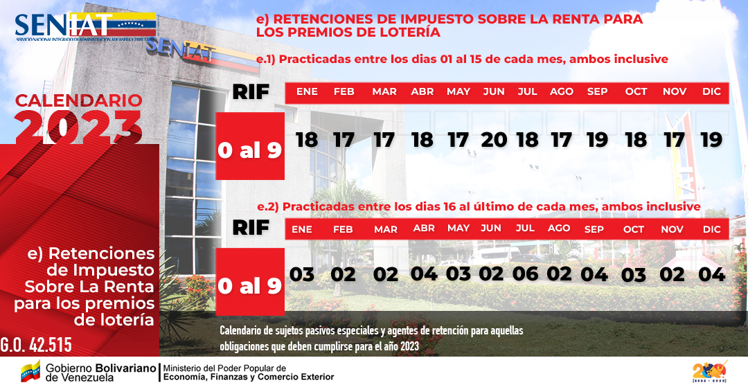 SENIAT_Oficial's tweet photo. Calendario de retenciones de Impuesto Sobre la Renta para los Premios de Lotería. 
#PorVenezuelaDeclaraYPaga
#SENIATPotenciaLaEconomía https://t.co/6yXkZ6beC8