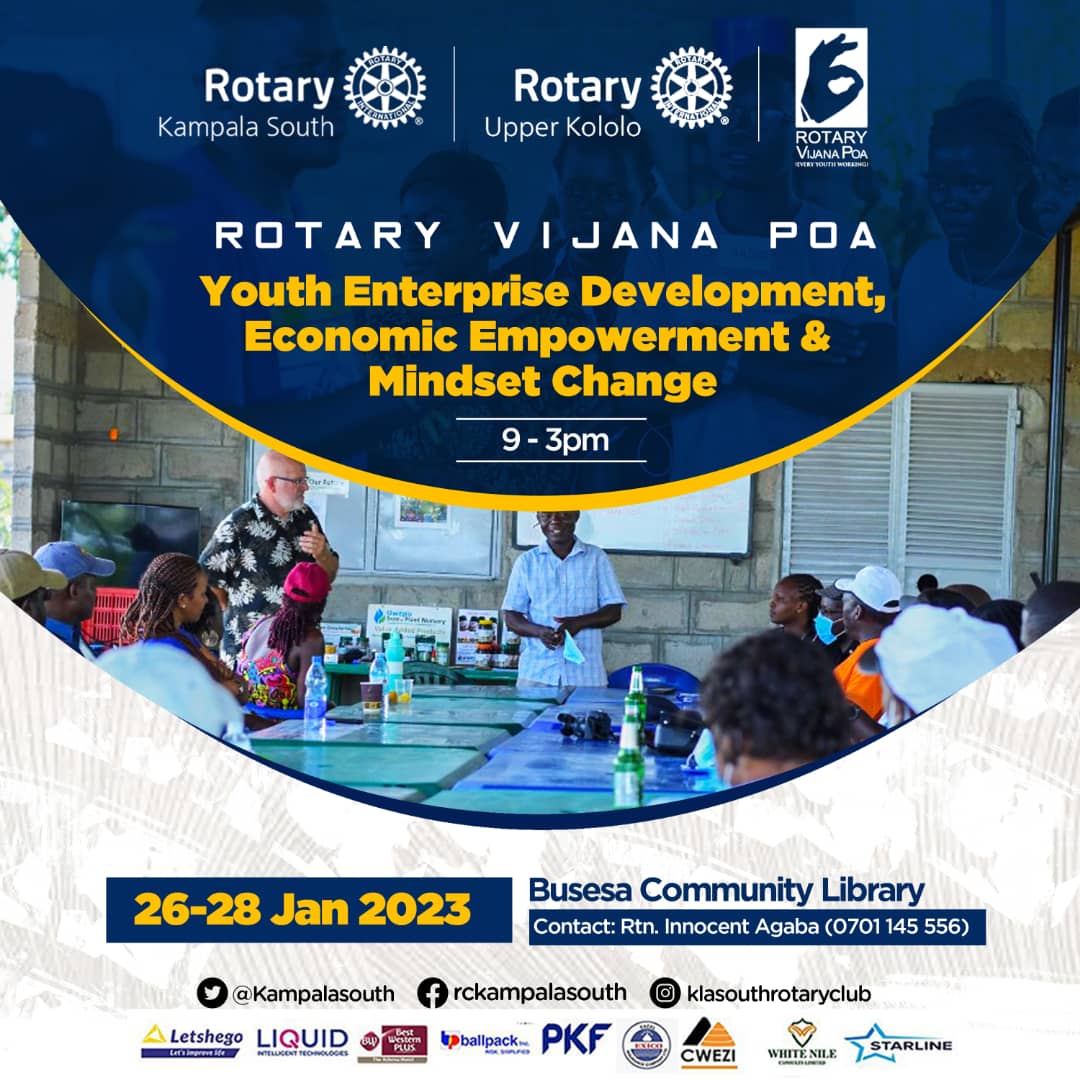 Rotary Vijana Poa 🕺💃🕺💃
This 26-28 Jan , together with Rotary Upper Kololo, we will be in Busesa for the Youth Enterprise Development and Economic Empowerment project.

Join us.

For details 0701 145 556

#KampalaSouthAt30